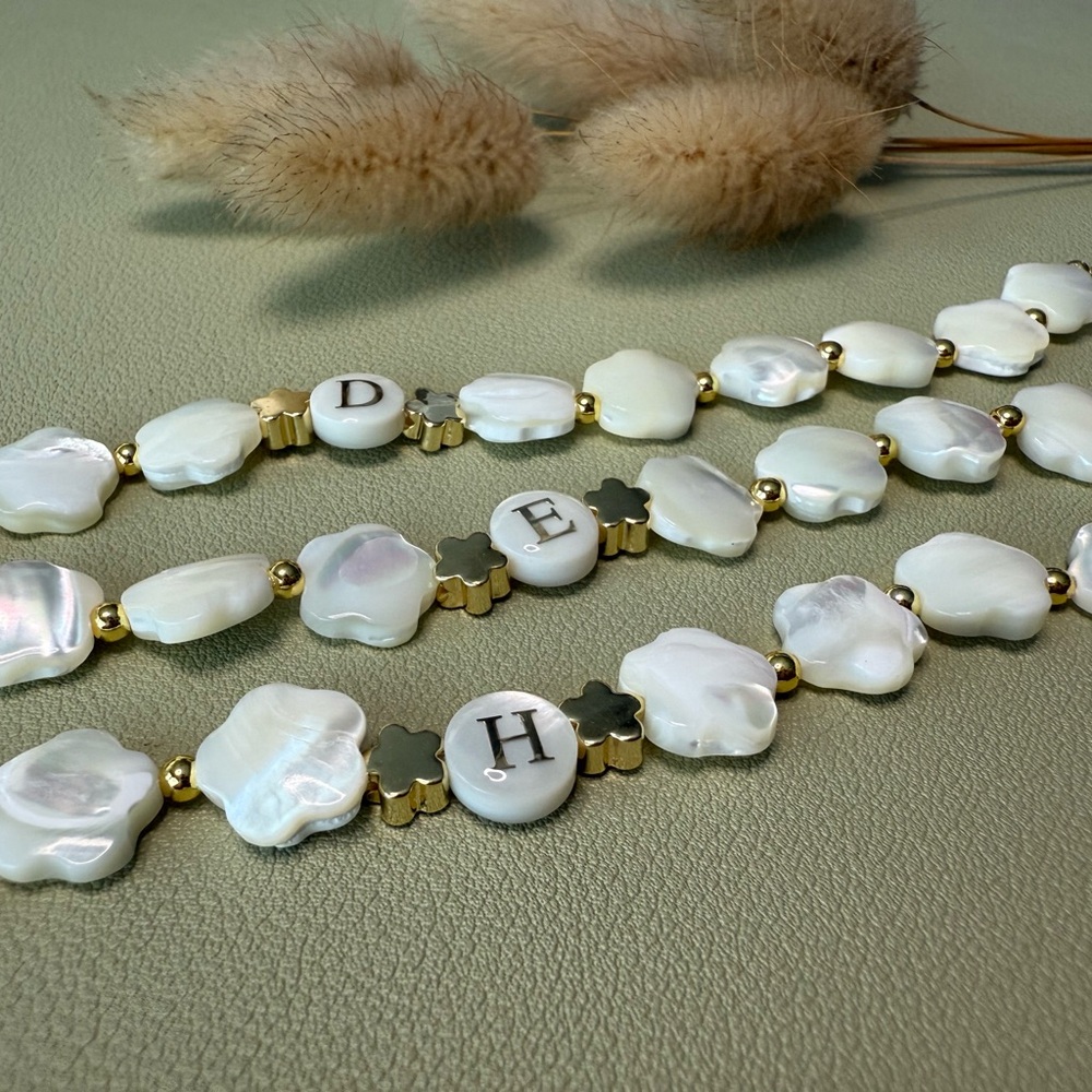 Personalized Mother of Pearl Clover Bracelets with custom initial 14K GoldPlated
